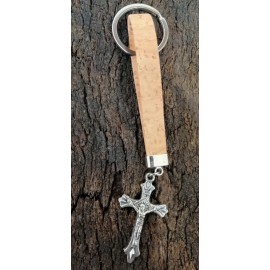 Porte-clé en liège naturel coloré Christ en croix